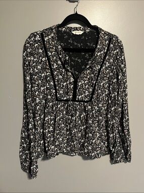 Lucky Brand Black Floral Peasant Blouse